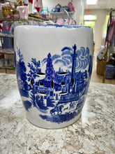 Load image into Gallery viewer, Vintage Blue Transfer ware Garden Stool-local pick up only 14 tall x 10.25 wide
