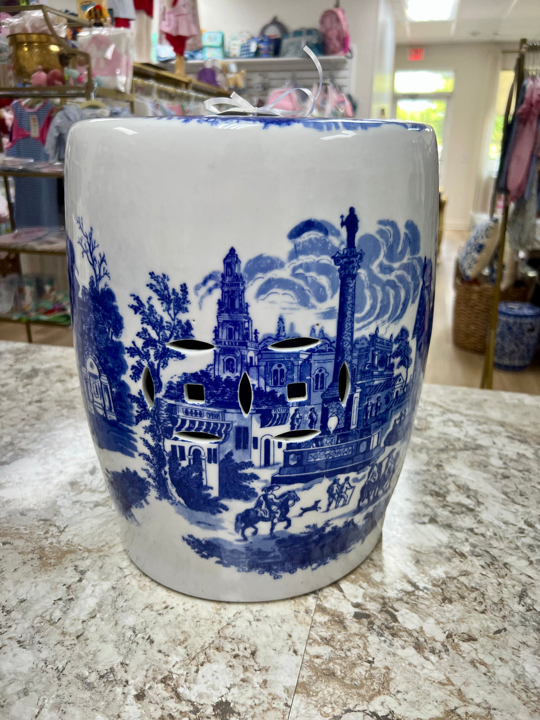 Vintage Blue Transfer ware Garden Stool-local pick up only 14 tall x 10.25 wide