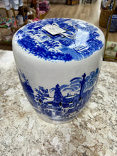 Load image into Gallery viewer, Vintage Blue Transfer ware Garden Stool-local pick up only 14 tall x 10.25 wide
