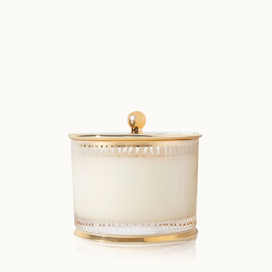 Thymes Frasier Fir Gilded Medium Poured Candle, frosted wood grain