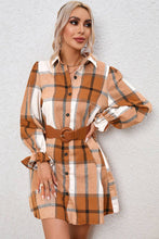 Load image into Gallery viewer, Plaid Pattern Collared Neck Ruffled Sleeve Shirt Dress: Khaki / 65%Polyester+35%Cotton
