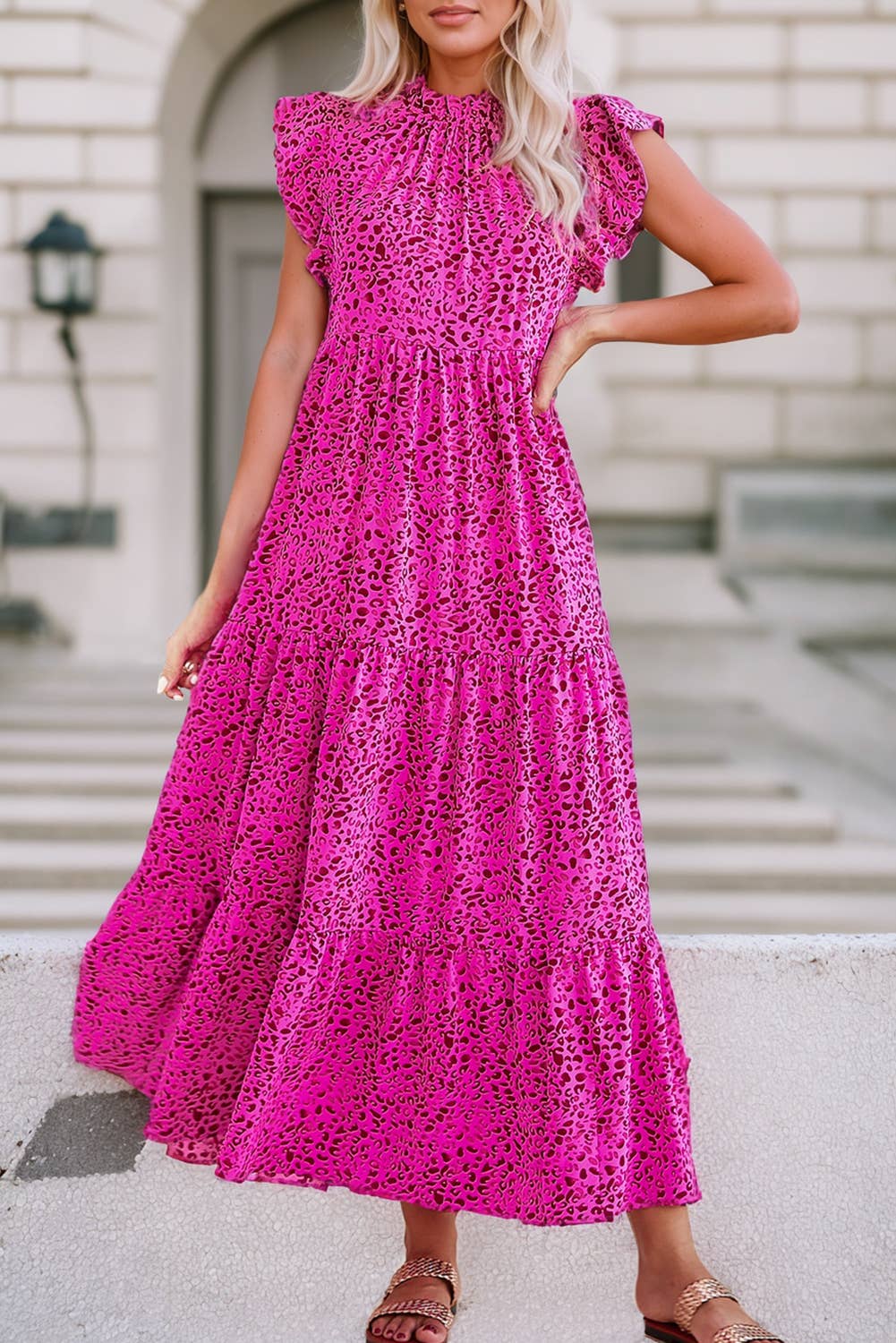 Mia Leopard Print Ruffled Sleeve Tiered Maxi Dress