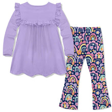 Load image into Gallery viewer, Orchid Petal Ruffle Top &amp; Rainbow Flare Leggings
