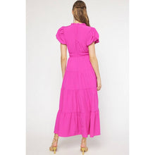 Load image into Gallery viewer, V-neck bubble sleeve tiered midi dress: MAGENTA
