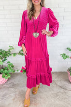 Load image into Gallery viewer, Rose Red Shirred V Neck Long Sleeve Velvet Dress: Rose Red / 95%Polyester+5%Elastane / pre order does not arrive to the store until mid october
