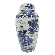 Load image into Gallery viewer, Blue &amp; White Chinoiserie Ceramic Urn Jar 16&quot;
