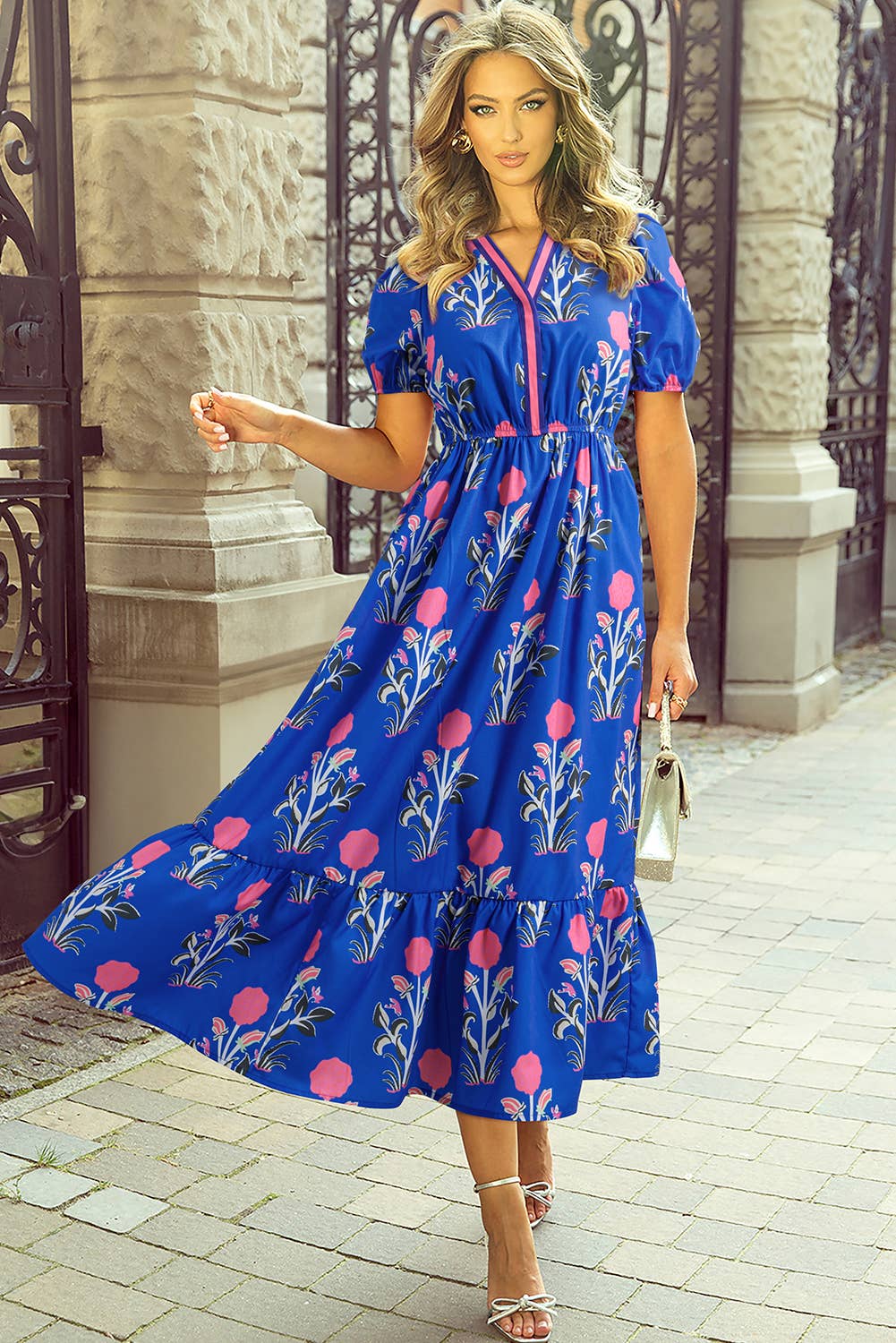 Charlotte Floral Puff Short Sleeve V Neck High Waist Maxi Dress: Sky Blue