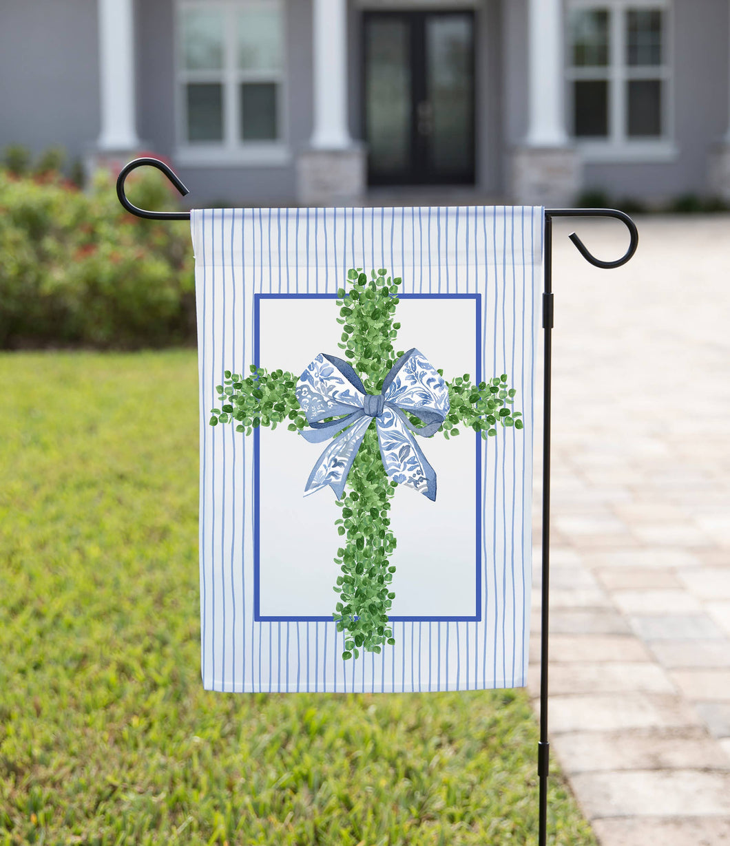 Easter Garden Flag - Shrub Cross with Blue Bow: 12