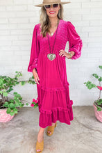 Load image into Gallery viewer, Rose Red Shirred V Neck Long Sleeve Velvet Dress: Rose Red / 95%Polyester+5%Elastane / pre order does not arrive to the store until mid october
