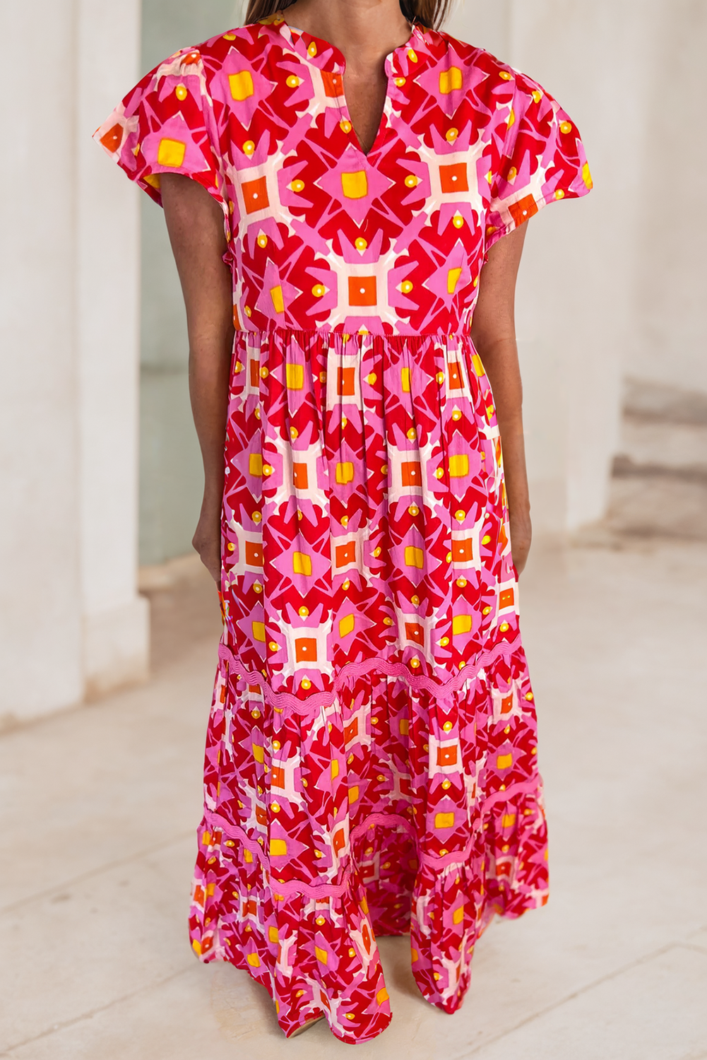 LDC Abstract Floral Tie V Neck  Dress|Multicolor: L / Strawberry Pink-pre order ships to me by 4-17-24