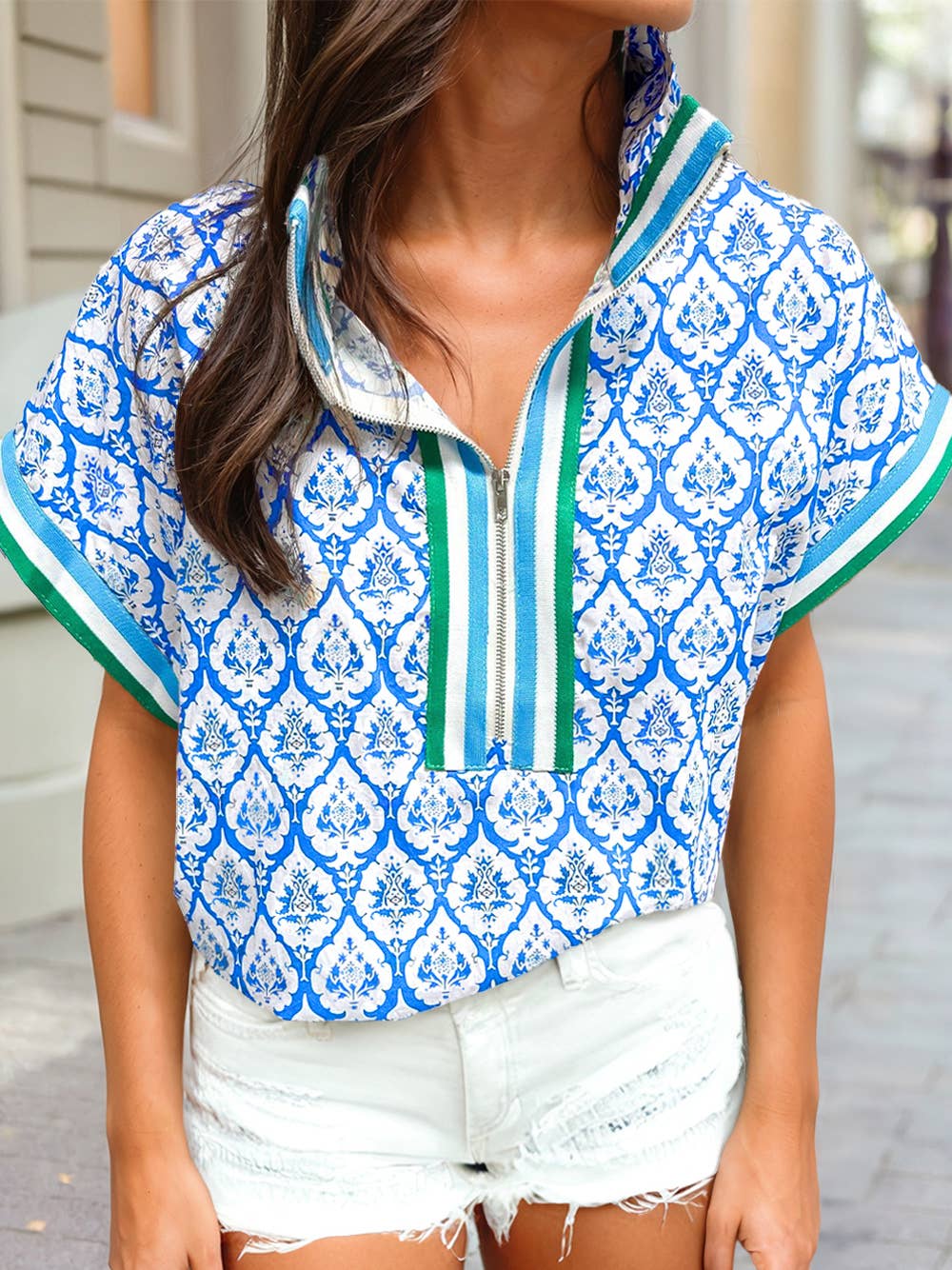 Abstract Zip Neck Contrast Short Sleeve Casual Blouse: Sky Blue