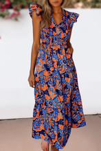 Load image into Gallery viewer, Women Boho Floral V Neck Ruffle Tiered Maxi Dress Blue

