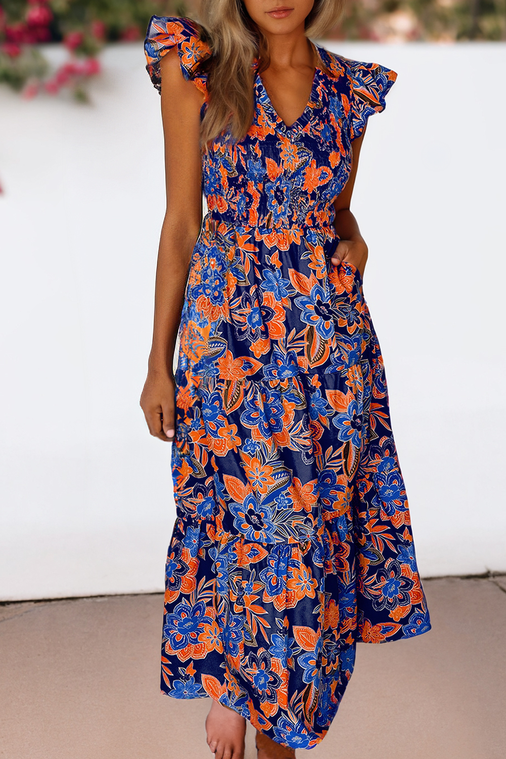 Women Boho Floral V Neck Ruffle Tiered Maxi Dress Blue