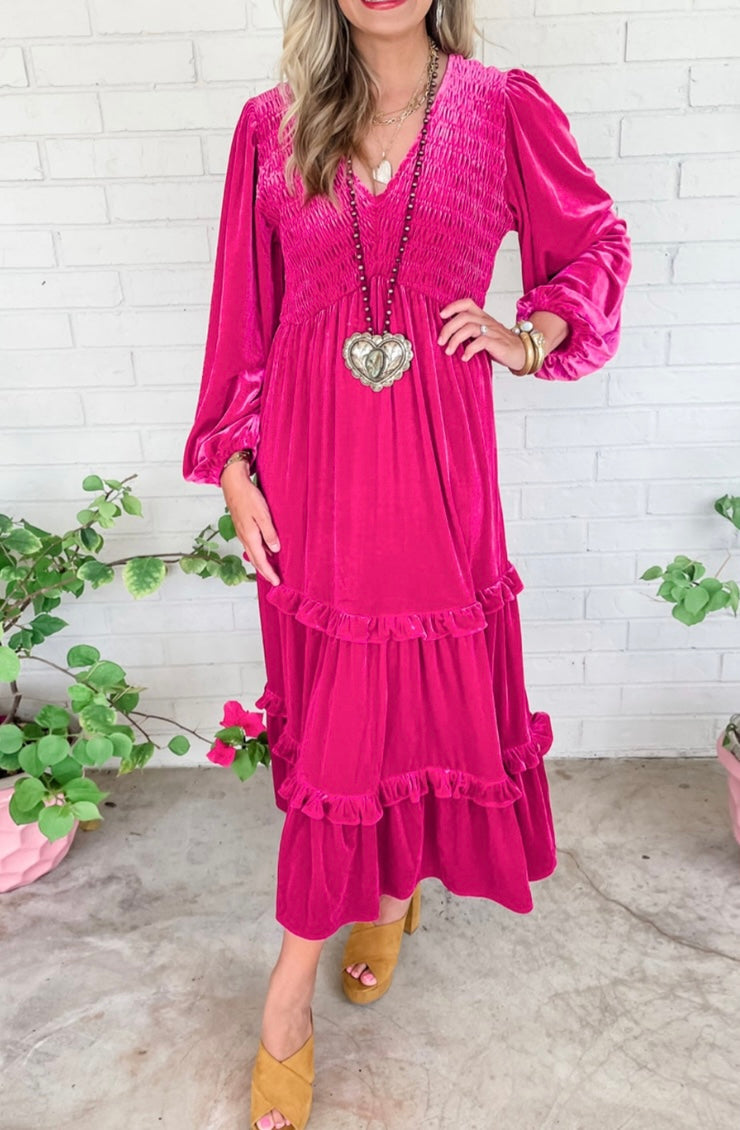 Shirred V Neck Long Sleeve Velvet Dress