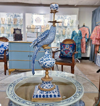 Load image into Gallery viewer, Porcelain blue and white parrot with Bronze ormolu set-right and left candlestick
