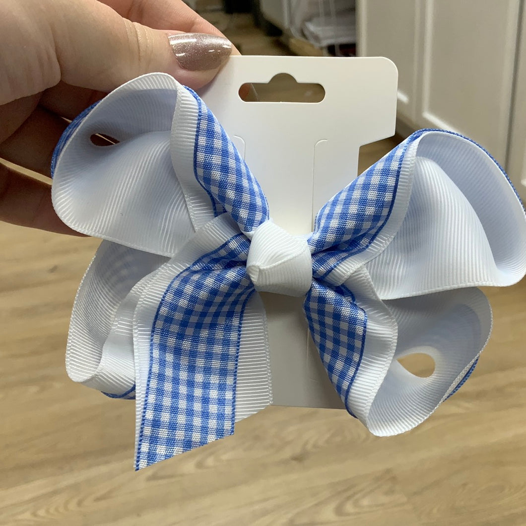 Blue and white gingham alligator clip bow