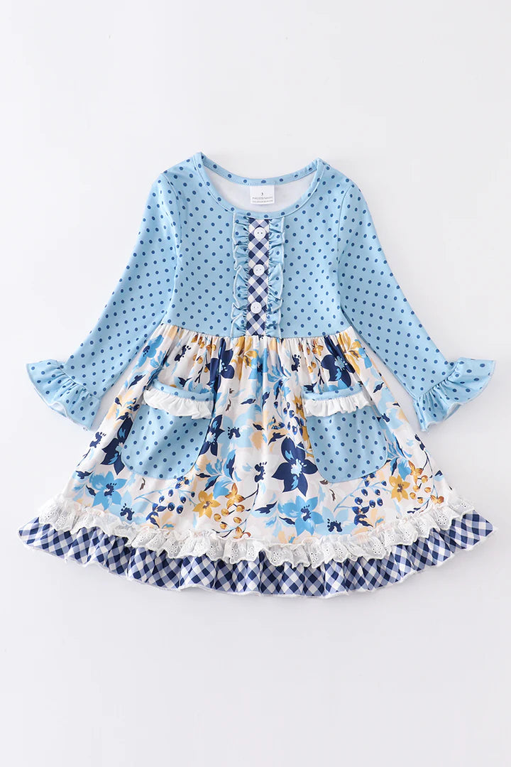 Blue floral print ruffle dress