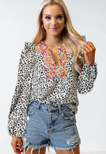 Load image into Gallery viewer, Black Leopard Floral Patchwork V Neck Ruffled Blouse
