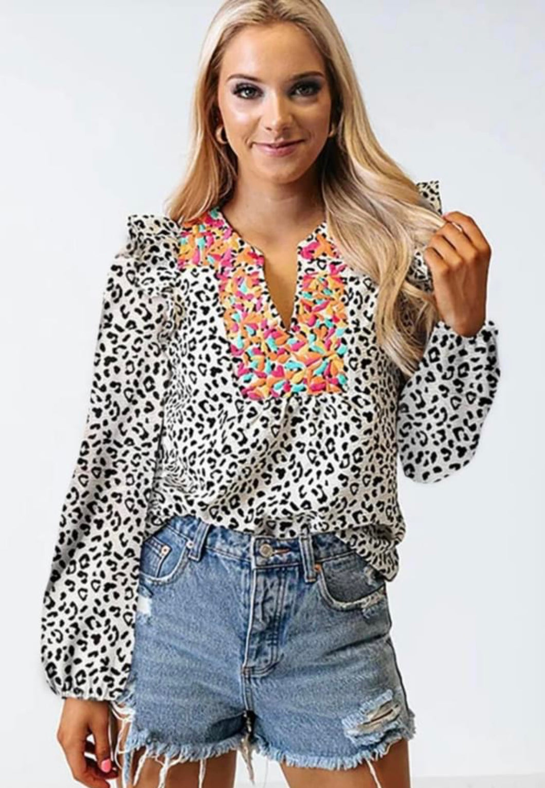 Black Leopard Floral Patchwork V Neck Ruffled Blouse