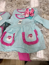 Load image into Gallery viewer, Holiday Fun Set: Striped with Santa Pockets-monogram bundle includes outfit, bow and monogram style pictured.
