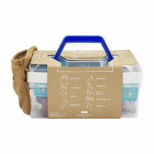 Load image into Gallery viewer, My first Toolbox set : 10-piece plastic play set includes: tool box, wearable tool belt, screwdriver, hammer, drill + bits with noise, level, hacksaw, wood planks, wrench and working nuts and bolts. Ages 3+.
