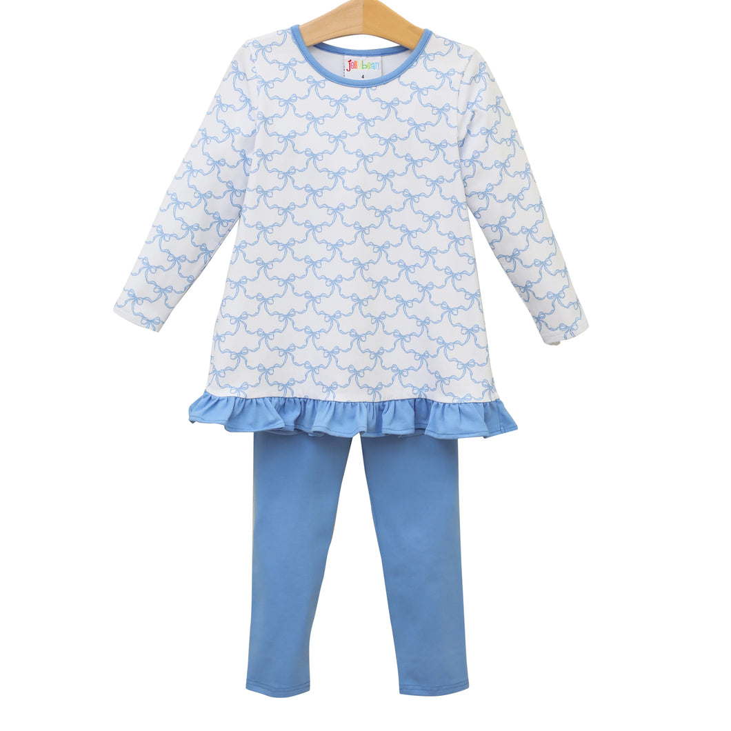 Blue trellis bow ruffle pant set