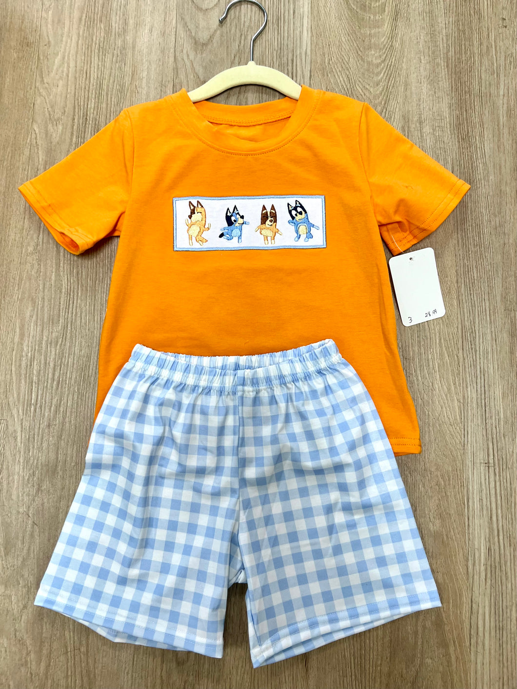 Blue Plaid Character Embroidery Boy Set