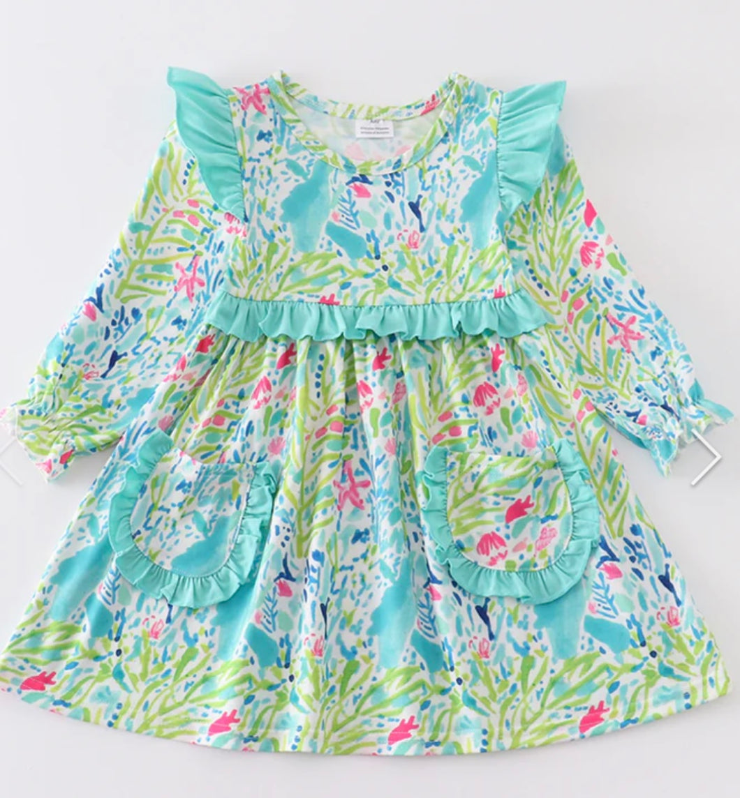 Green floral print ruffle dress