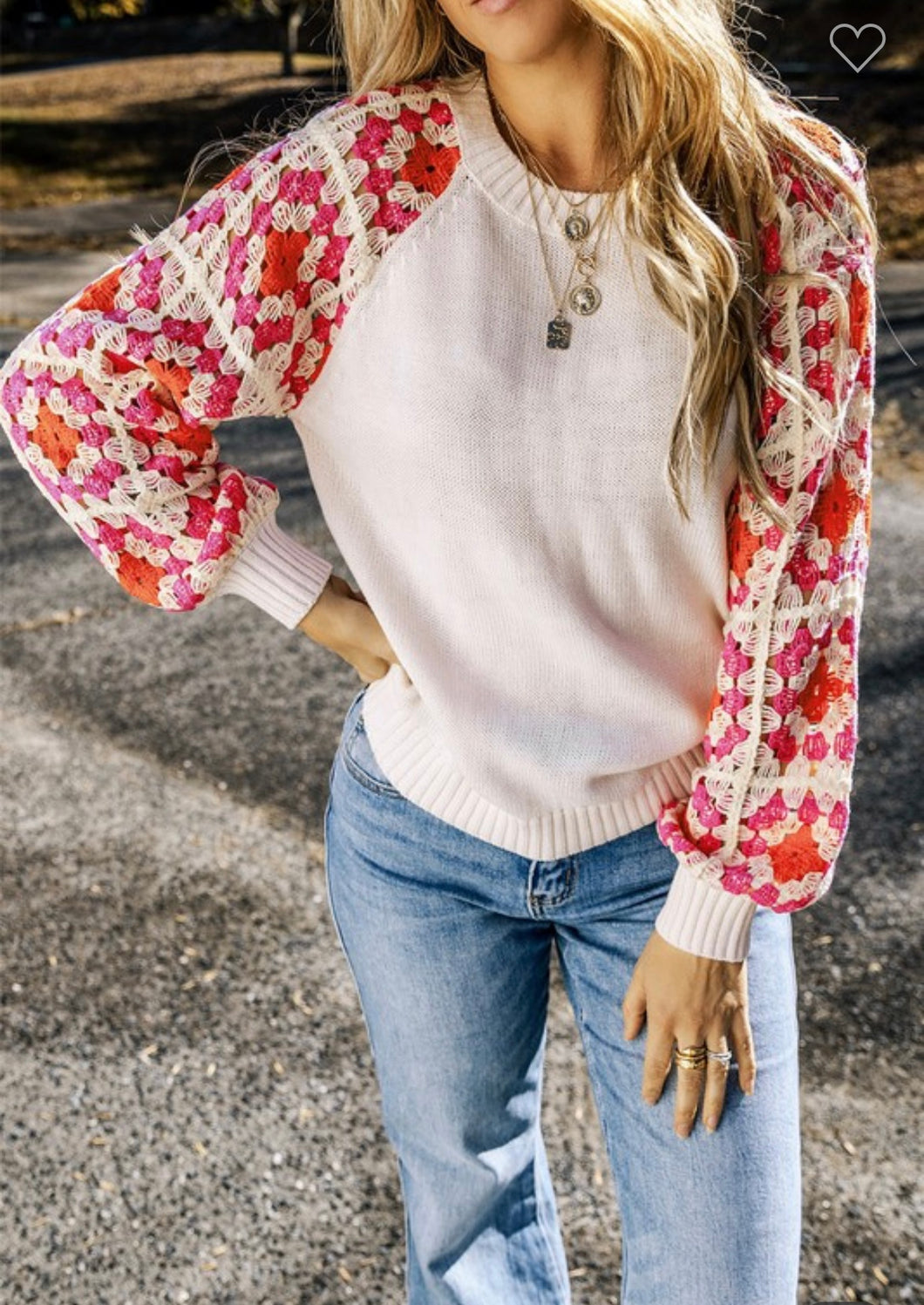 Puff sleeve contrast knit sweater