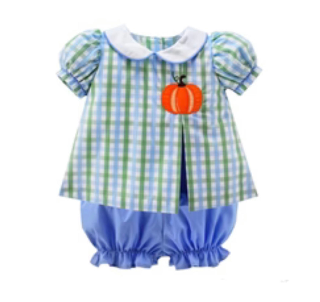 Julie Pumpkin Bloomer set Bluegrass Check