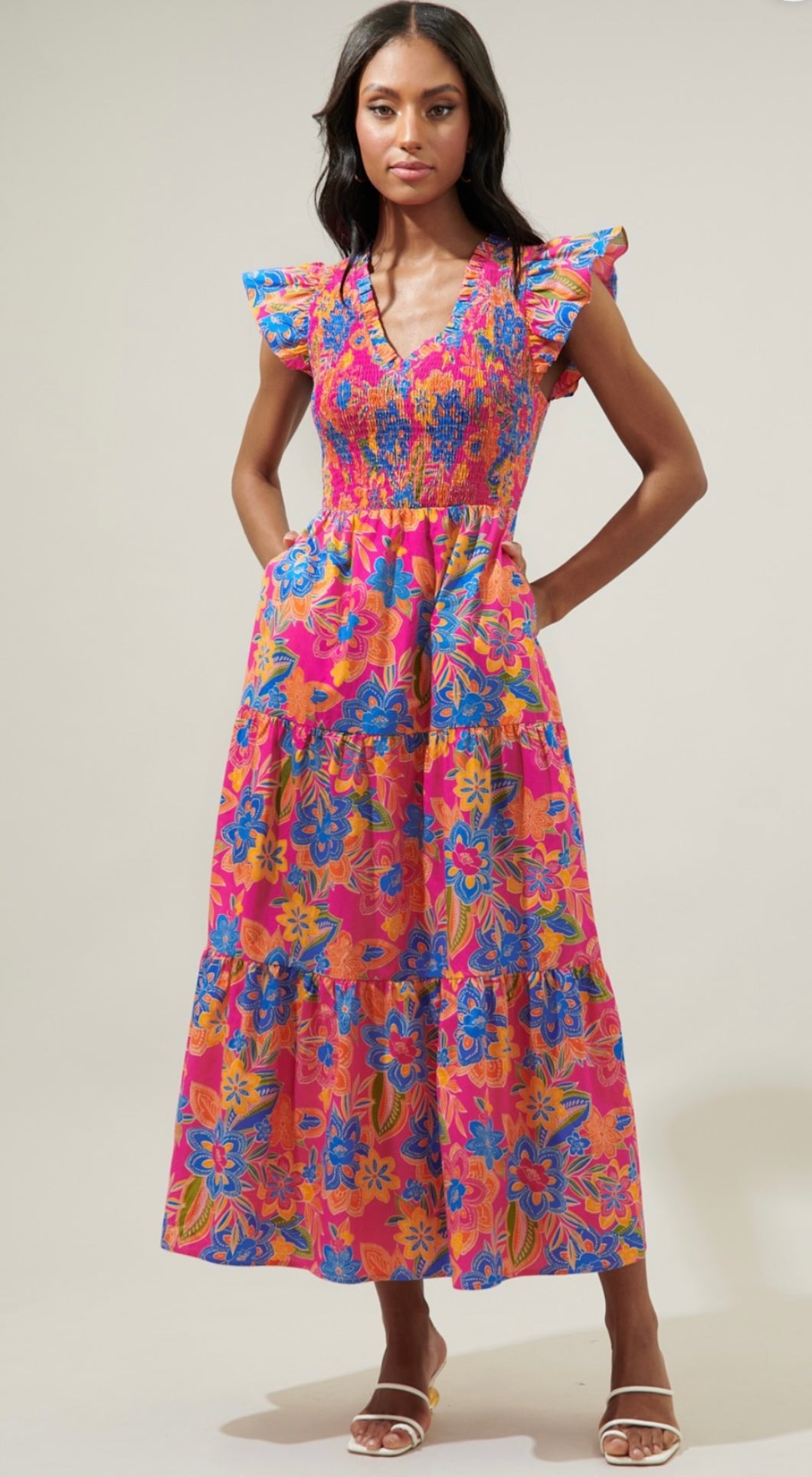 Floral Sunfire Smocked Bodice Dress