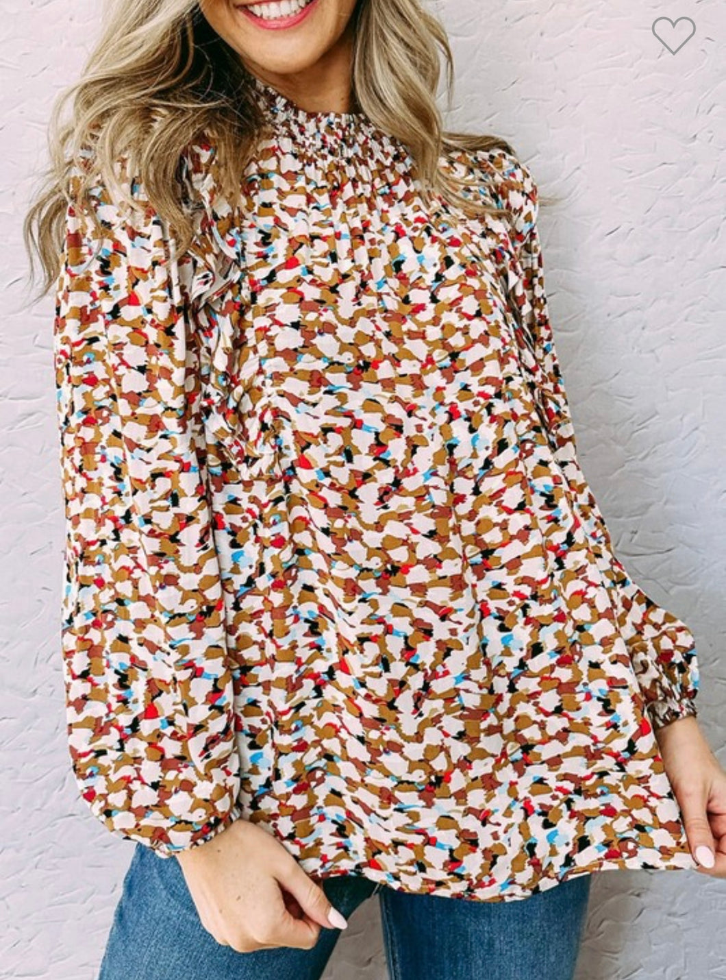 Abstract Print Bubble Sleeves loose blouse