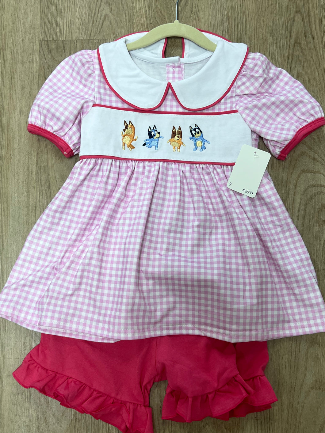 Pink Plaid Character Embroidery Girl Set
