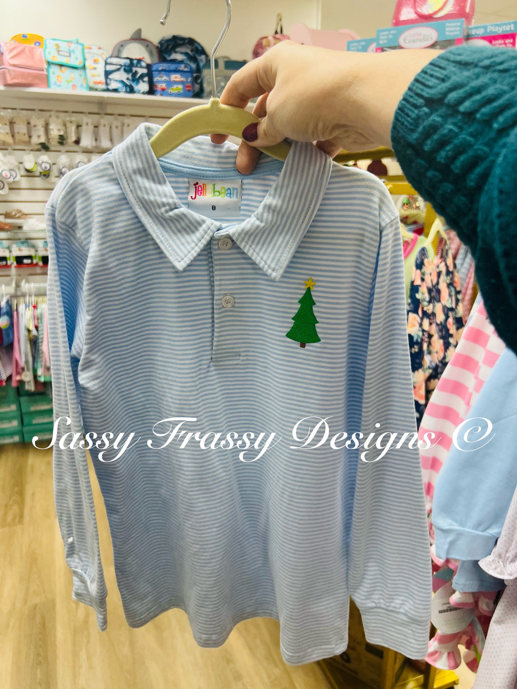 Michael polo light blue strip with Christmas tree size 8