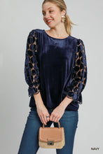 Load image into Gallery viewer, Polka dot velvet top navy
