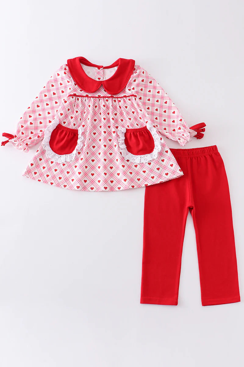 Red valentine's day plaid heart print girl set