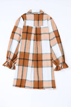 Load image into Gallery viewer, Plaid Pattern Collared Neck Ruffled Sleeve Shirt Dress: Khaki / 65%Polyester+35%Cotton
