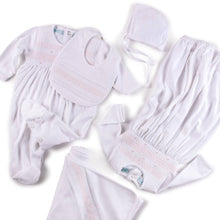 Load image into Gallery viewer, Smocked Bullion Gown w/Hat: White/Pink / NB
