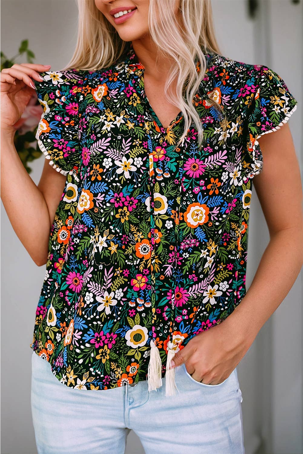 Women Tropical Floral Print Lace Ruffle Sleeve Blouse | S-XL: Missy / Black / XL