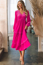 Load image into Gallery viewer, Rose Red Shirred V Neck Long Sleeve Velvet Dress: Rose Red / 95%Polyester+5%Elastane / pre order does not arrive to the store until mid october
