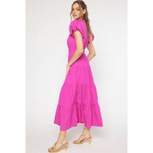 Load image into Gallery viewer, V-neck bubble sleeve tiered midi dress: MAGENTA
