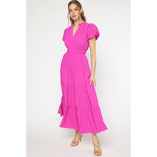 Load image into Gallery viewer, V-neck bubble sleeve tiered midi dress: MAGENTA
