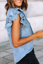 Load image into Gallery viewer, LDC Button Front Ruffle Flutter Fray Denim Blouse
