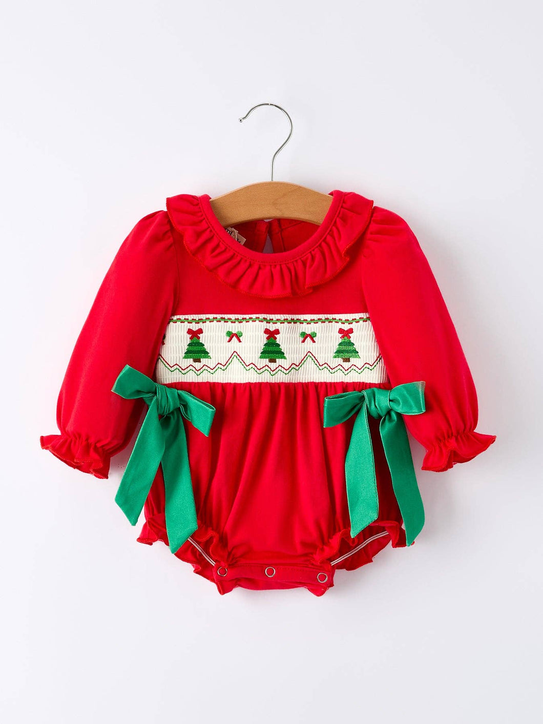 Christmas Smocked Girls Romper with Green Bow and Tree Embroidery-this brand runs short in the bubble please consider sizing up.