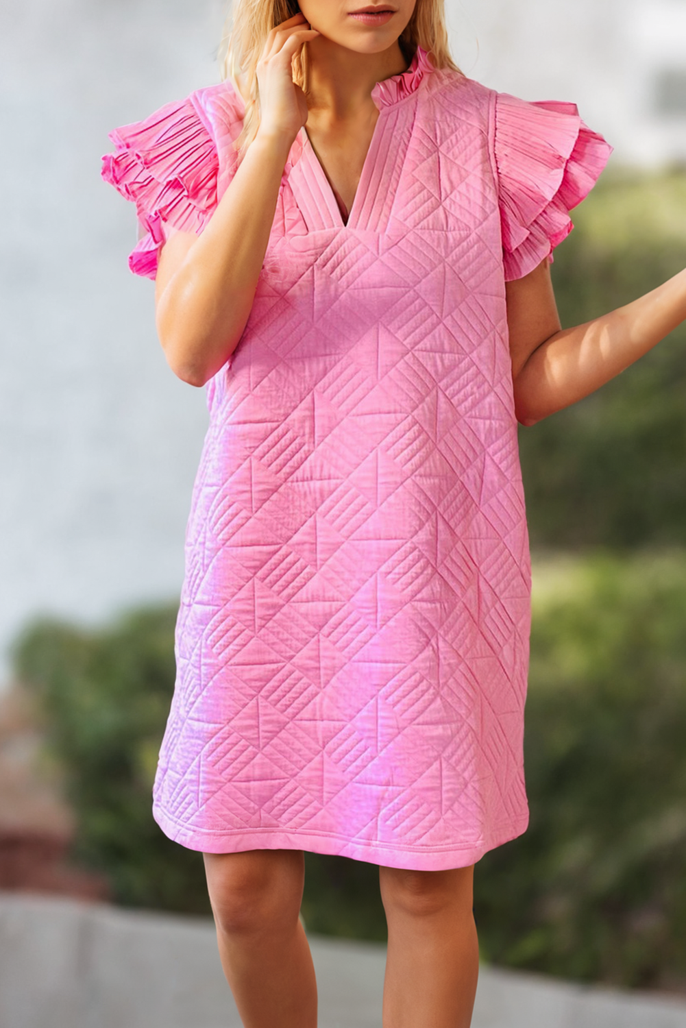 LDC Pleated Splicing Sleeve Textured V Neck Shift Dress
