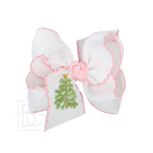 Load image into Gallery viewer, EMBROIDERED CHRISTMAS TREE CROCHET EDGE BOWS: White w/ Light Pink Crochet Edge / 4.5&quot; Large
