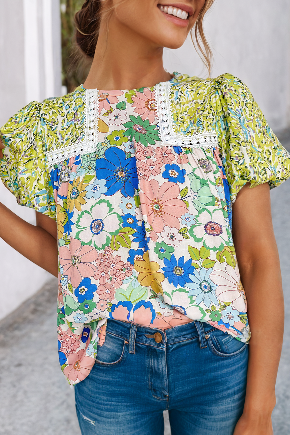 LDC Bubble Sleeve Lace Trim Floral Print Blouse|Multicolor