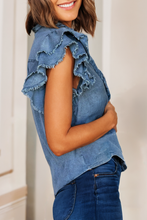 Load image into Gallery viewer, LDC Button Front Ruffle Flutter Fray Denim Blouse

