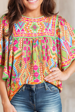 Load image into Gallery viewer, LDC Geometric Print Bell Sleeve O Neck Babydoll Blouse:Multi
