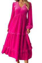 Load image into Gallery viewer, Rose Red Shirred V Neck Long Sleeve Velvet Dress: Rose Red / 95%Polyester+5%Elastane / pre order does not arrive to the store until mid october
